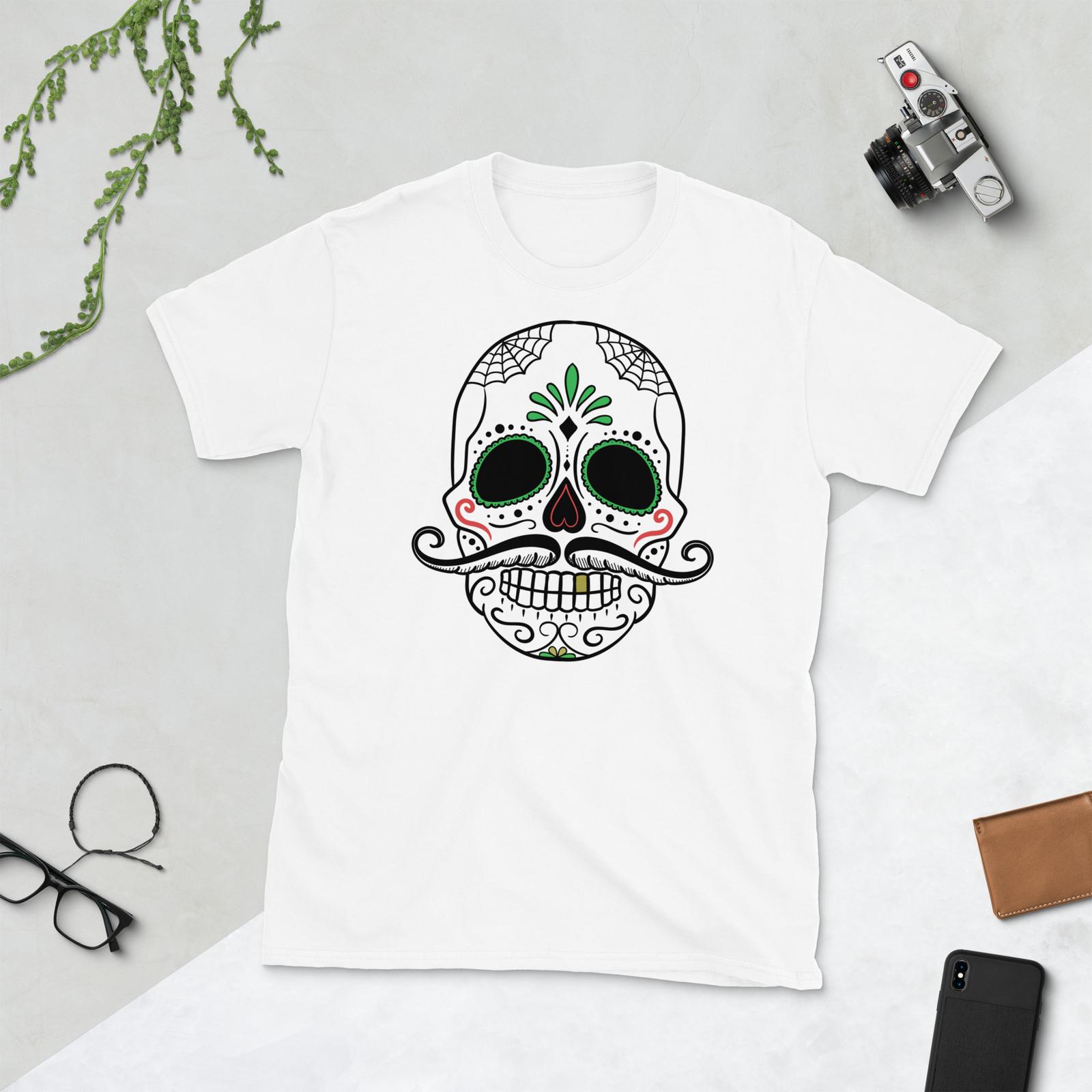 Sugar Skull Funny Mustache Shirt- Short-Sleeve Unisex T-Shirt, Day of the Dead S разноцветный