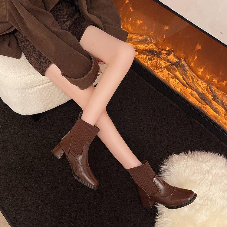 

French Booties for Women Fall/Winter New Stretchy Socks Leather Knit Splice for Adult Women Elegant Style 40