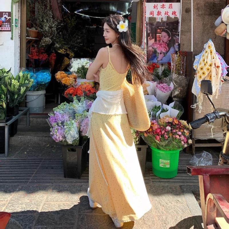French Floral Bow Lace-up Dress Women's New Summer Temperament Slim and Thin Chic Long Skirt