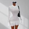 European and American Style Autumn and Winter New Sexy Spice Girl Lace Perspective Long-sleeved Ruffle Edge Slim Mini Dress