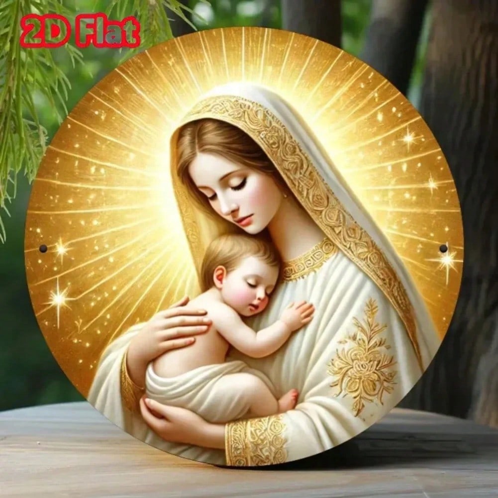 Винтажное Металлическое Настенное Искусство Дева Мария Золотой Нимб Младенец Иисус Религиозная Икона 20x20 разноцветный