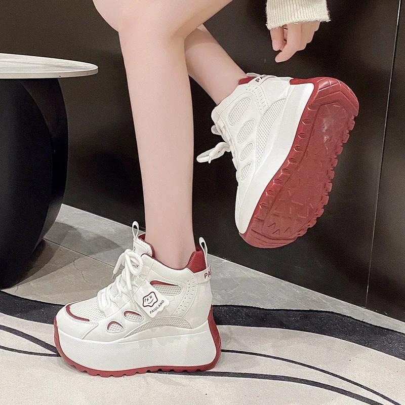 Fashion 10cm Spring Chunky Sneakers Women Lace-up Platform Sports Dad Shoes Woman Goth Thick Bottom High Heels Female Wedges Sneakers