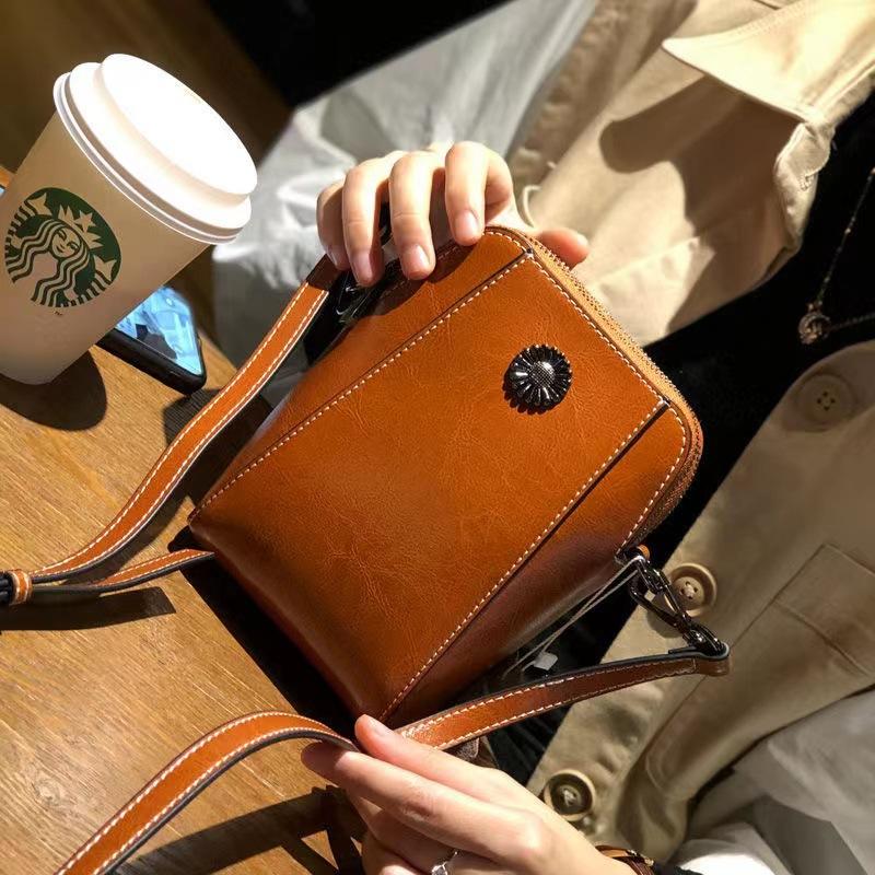 Waxed Leather Small Handbag for Women, Korean Style New Single Shoulder Crossbody Bag, Fashionable Women's Bag, Mobile Phone Bag