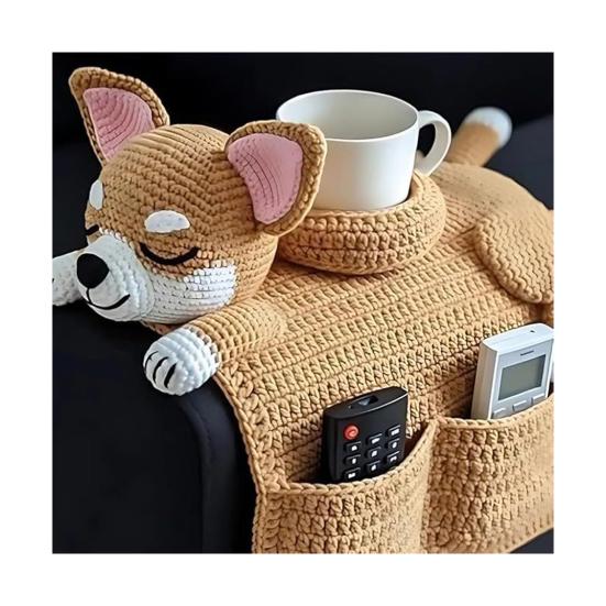 Dog Sofa Arm Organizer Crochet Dog Sofa Armrest Organizer with 2 Pockets And 1 Mug