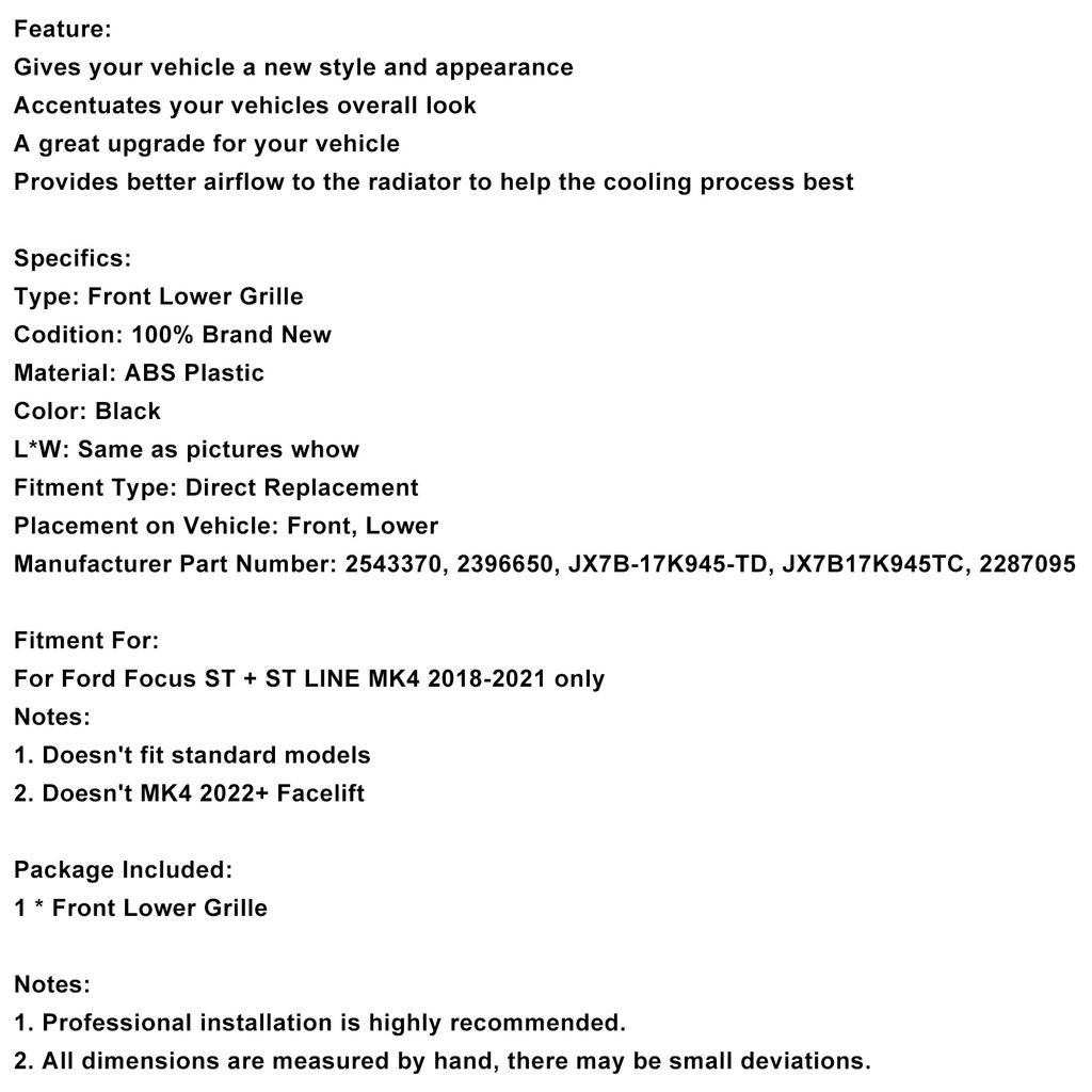 Grilă Inferioară Bară Față JX7B-17K945-TD Potrivire Ford Focus MK4 2018-2021 ST
