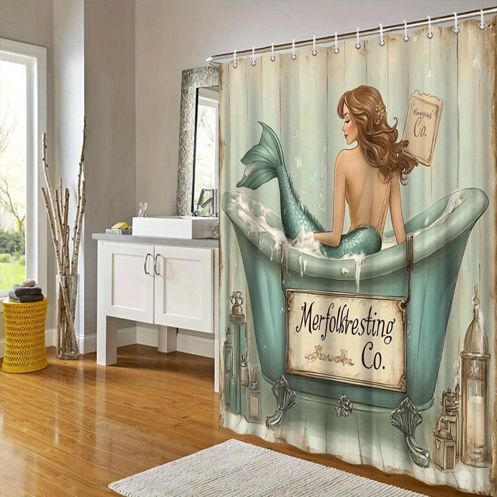 Mermaid Shower Curtain - Watercolor Merfolk & Vintage Tub Design, Colorful Fantasy Scene, Water-Resistant Polyester
