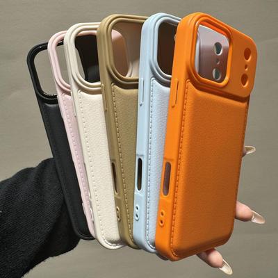 Solid Color Pebbled Leather Phone Case, Drop-Proof, for Apple 13P-17 Pro Max (White/Pink)