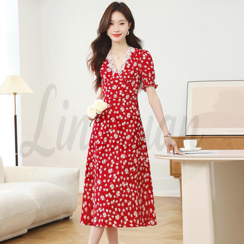 Manri Red Puff Sleeve Floral Maxi Dress – Spring/Summer V-neck French Holiday Style for Women. Medium красный