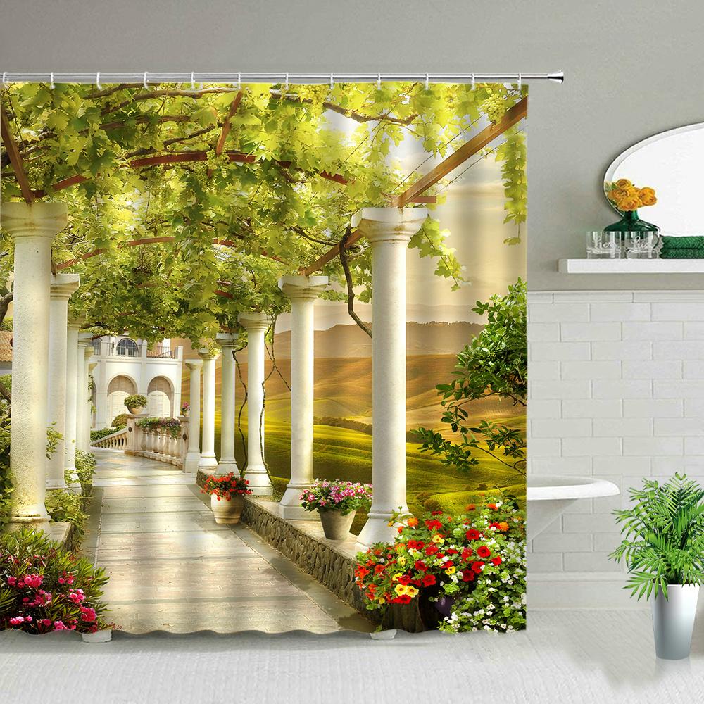 Window Outside Forest Bridge Spring Landscape Creativity Shower Curtain Zen Stone Tree Building Scenery Cloth Curtains With Hook