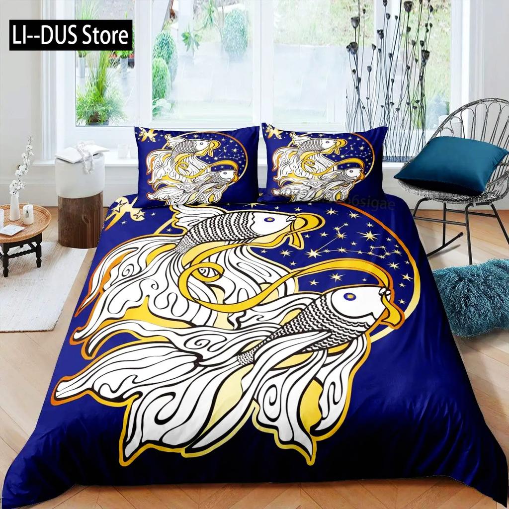 Koi Fish Duvet Cover Set Japanese Painting Style Decor 2/3 Piece Bedding Set With Pillow Shams Queen Full Size Black White