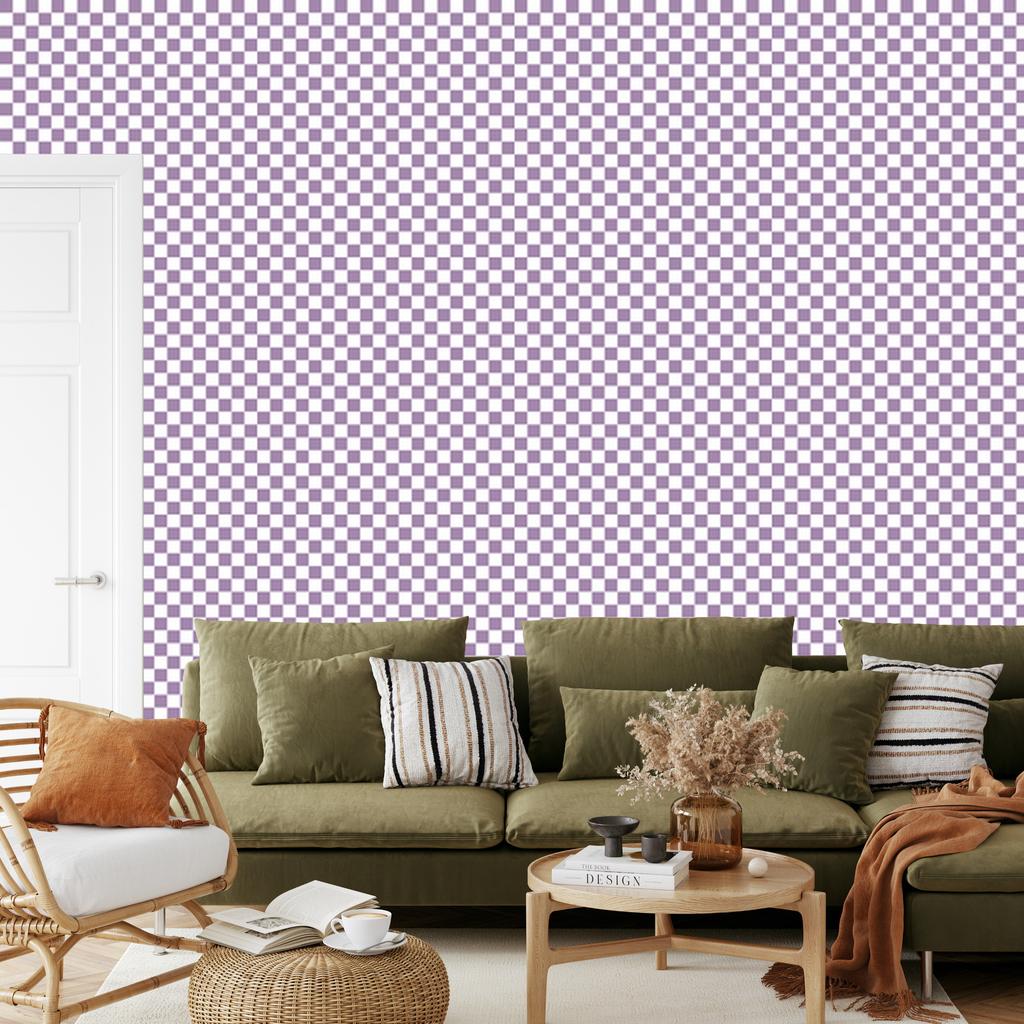 Checkerboard Wallpaper in Purple and Light Gray for Living Room and Bedroom 50x1000