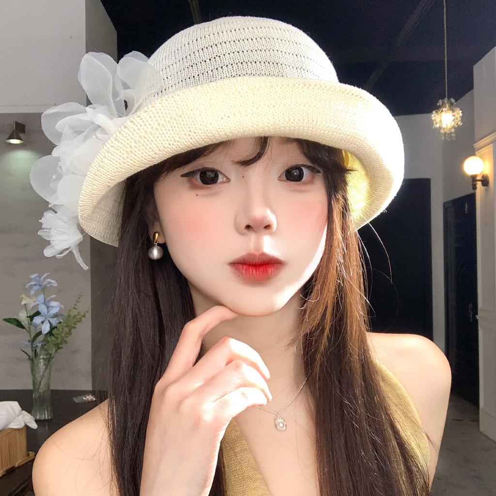 Hollow flower curled top hat women's spring summer thin breathable sunshade sunscreen bucket hat elegant temperament basin hat