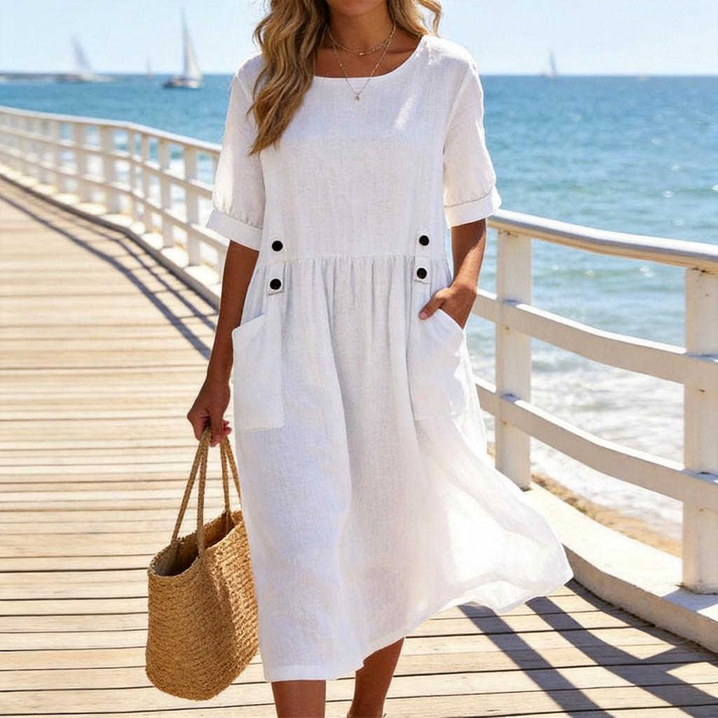 Baumwoll-Leinen A-Linien-Kleid mit Rüschen-Details für den sommerlichen Freizeitlook