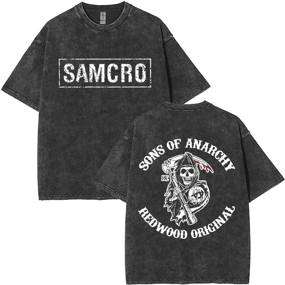 MXLLimited Anarchy Son Samcro Vintage Wash Tshirt Unisexs And Womens Skeleton Hip Hop Rock Casual Tshirt Short Sleeve Top