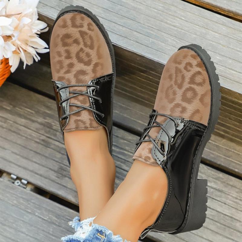 Leopard Print Loafers Versatile Casual Lace-up Heightened Foreign Style Lace-up Block Heel Plus Size New Single Shoes