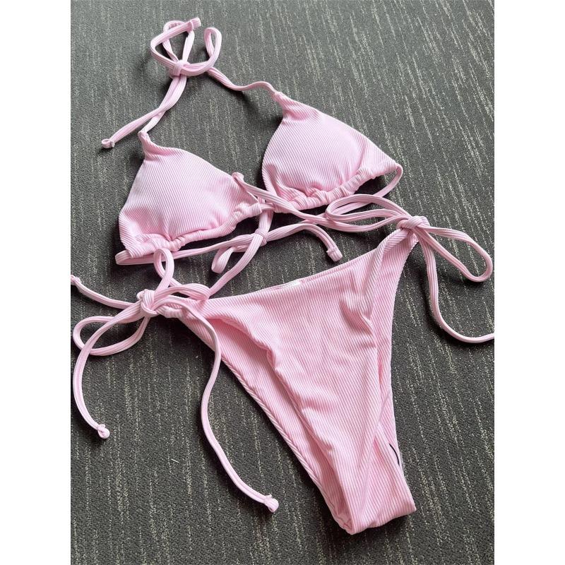 Sexy Brown Bikini 2026 Women Solid Red Halter Push Up Bra Tie Side Triangle Swimsuit Summer Bathing Suit Lace Up Micro Swimwear