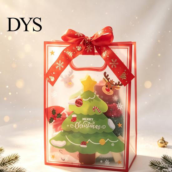 Transparent Plastic Goodie Bags Christmas Gift with Handles, Reusable Clear PP Treat for Present Wrapping Candy Apples Cookies, Holiday Party