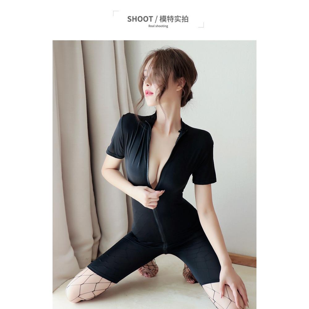 Sex Underwear Women's Sexy Silky Swimming Cloth Zipper Short Sleeve Open Gear Free Sexy Onesie Set One Piece with Hair