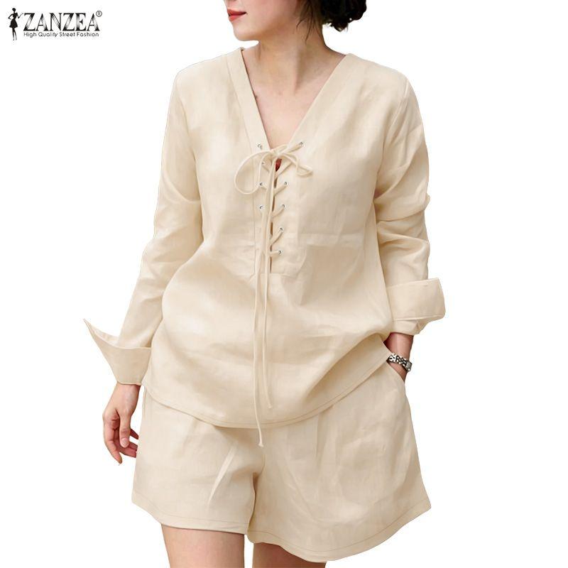ZANZEA Zweiteiliges Sommer-Set aus langärmeliger Bluse und Shorts für Damen