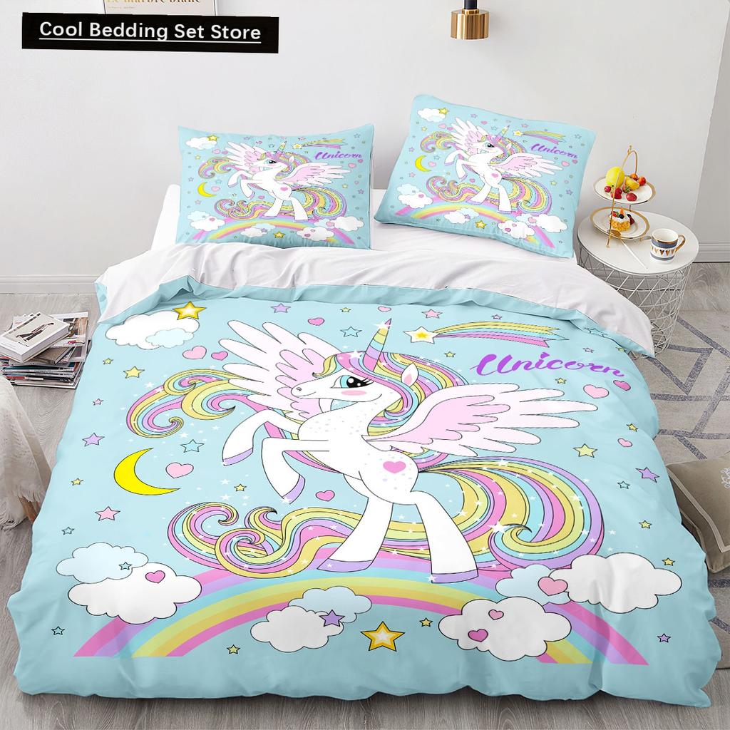 Cartoon Rainbow Unicorn Bedding Sets 135x200 Duvet Cover Set Pillowcases Queen Single Double Twin Size Bed Linen for Kids Girls