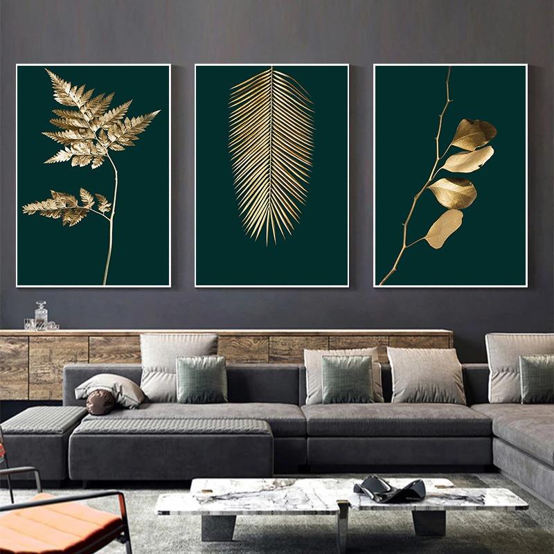 Modern Golden Green Plant Leaves Abstract Art Canvas Painting Nordic Posters and Prints Picture Living Room Home Decor Cuadros