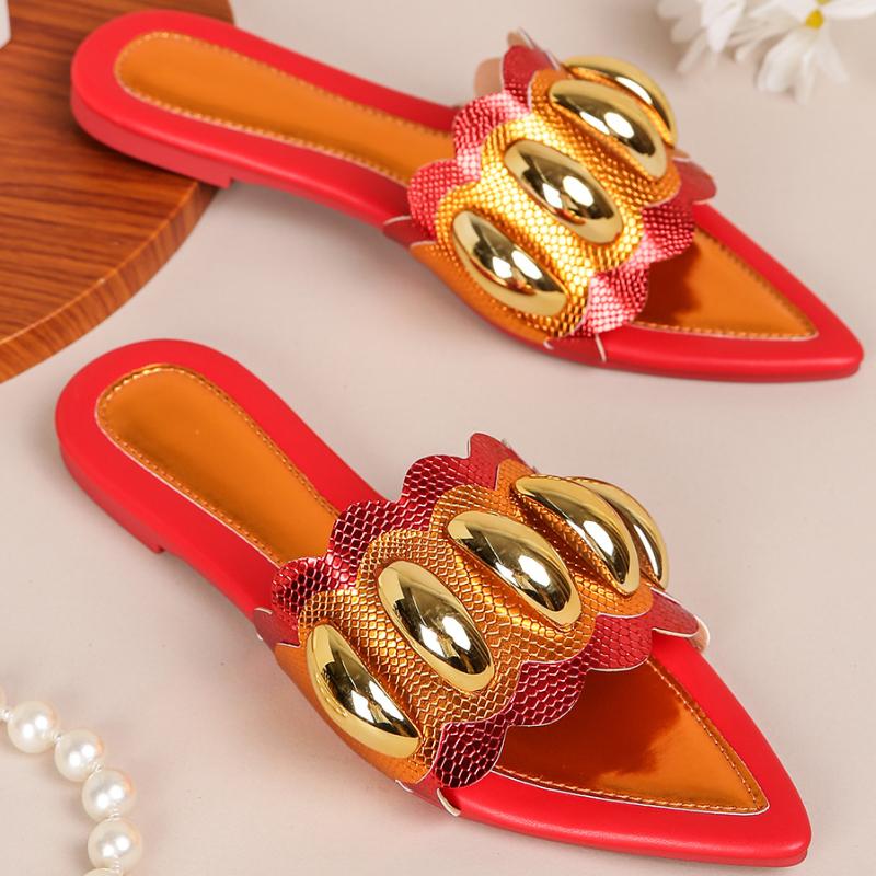 Fashion Fashion Patchwork Pointed Toe Flat Sandals Women Open Toe Metal Decoration Designer Shoes Comfort Non-slip Large Size Beach Shoe