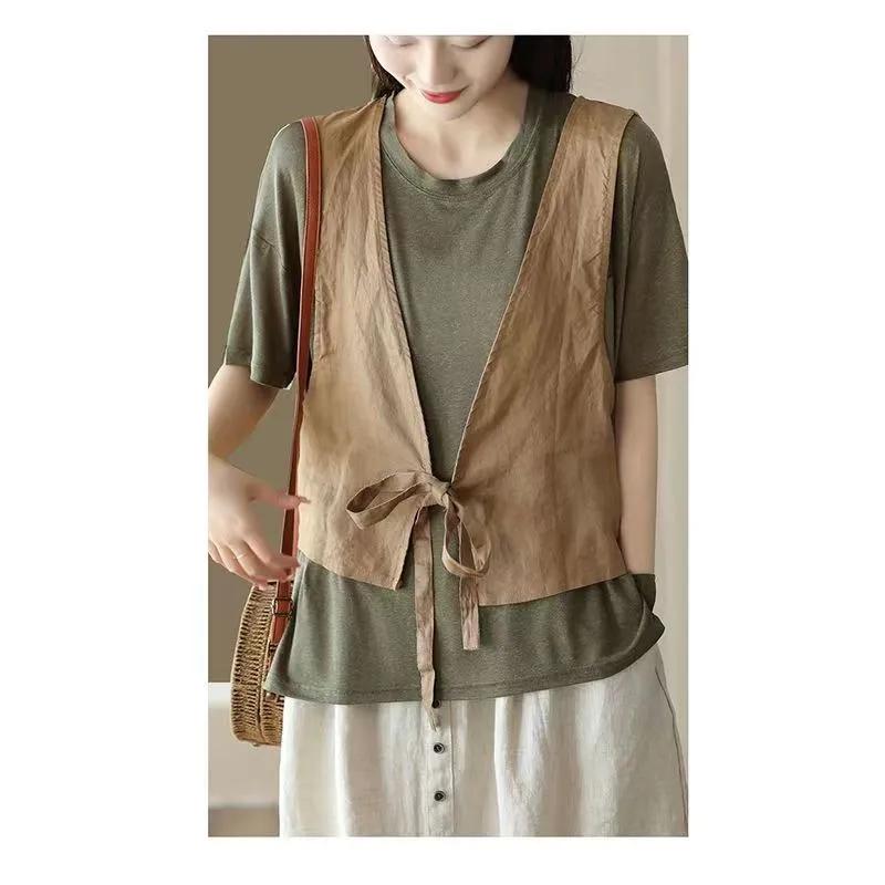 Women's Summer Literary Retro Ethnic Style Vest Solid Color Thin Section Loose Lapel Tie Top