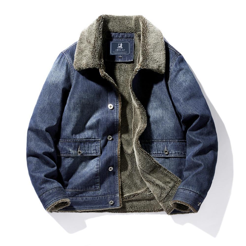 Neue Winter Herren Fleece Warme Jeansjacken Große Taschen Cargo Jeansjacken Hohe Qualität Männlich Hellblau Slim Jeansmäntel Größe 4X