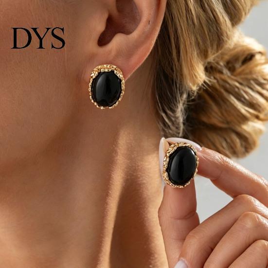 Boho Chic Fashion Earrings 1 Pair Vintage Oval Stud for Women, Retro Statement Commuter Accessories Office Gemstone Earrings, Gold Frame Chunky Stone
