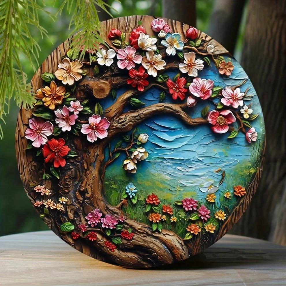 Hisun Tin Sign Vintage D Effect Blossom Tree Round Tin Sign Retro Floral Nature Themed Metal Wall Art Plaque Waterproof Rustic Iron Painting
