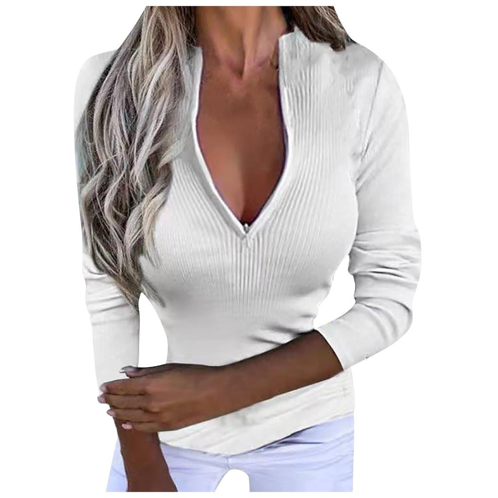 Casual Women's Color Sexy Long-sleeved Pullover Zipper T-shirt Top
