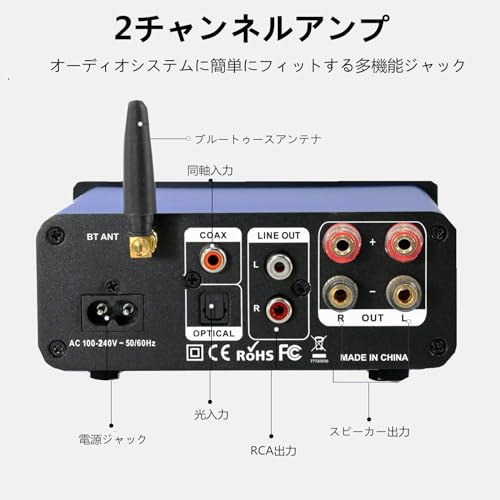 200W Power Amplifier with Bluetooth, Optical Input, Coaxial Input, USB Input, AUX Input, Remote Control, Treble and Bass, and AUX Output, Speaker Powe