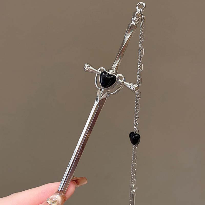 2025 New Chinese Style Sword Hairpin for Women Punk Silver Color Metal Heart Cross Tassel Hair Sticks Hair Accessories Headdress
