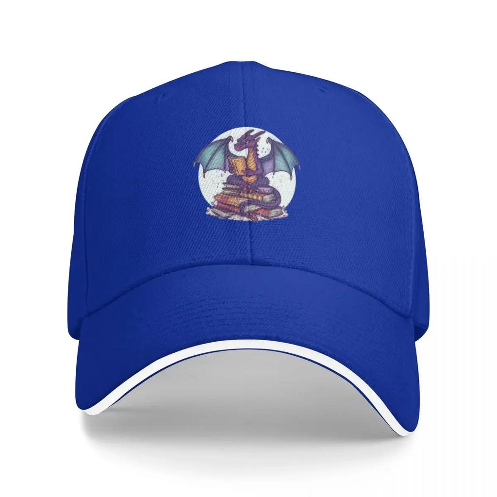 Library Tshirts Animated Dragon Reads Atop Book Stack Scholarly Whimsical Appearance Content and Focused Expres Baseball Cap