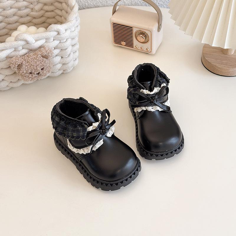 Kore Retro Kız Çocuk Siyah Kışlık Deri Ayakkabı 2025: Lolita Bebek Fiyonklu Pamuklu Kısa Botlar