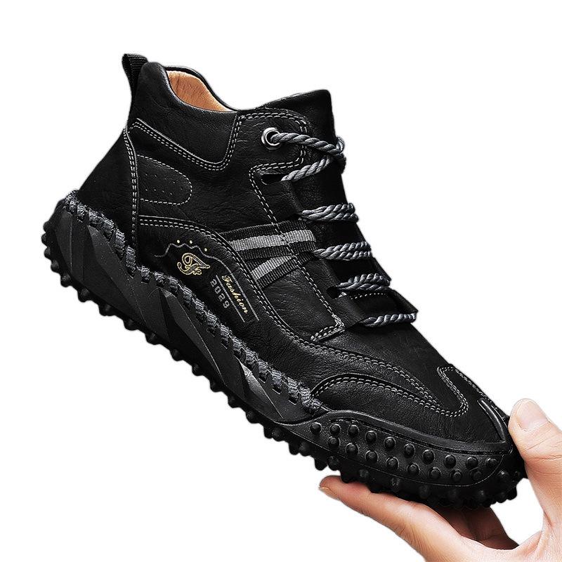 Italian Brand High-Grade Genuine Leather Men's Fleece-Lined High-Top Casual Sports Shoes