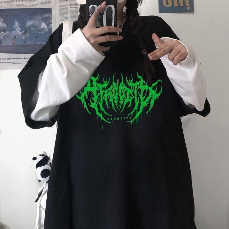 Women Star Y2K Print Graphic Fake Two Long Sleeved T-shirts Fashion Gothic Retro Casual Loose Fake Two Long Sleeved T Shirt