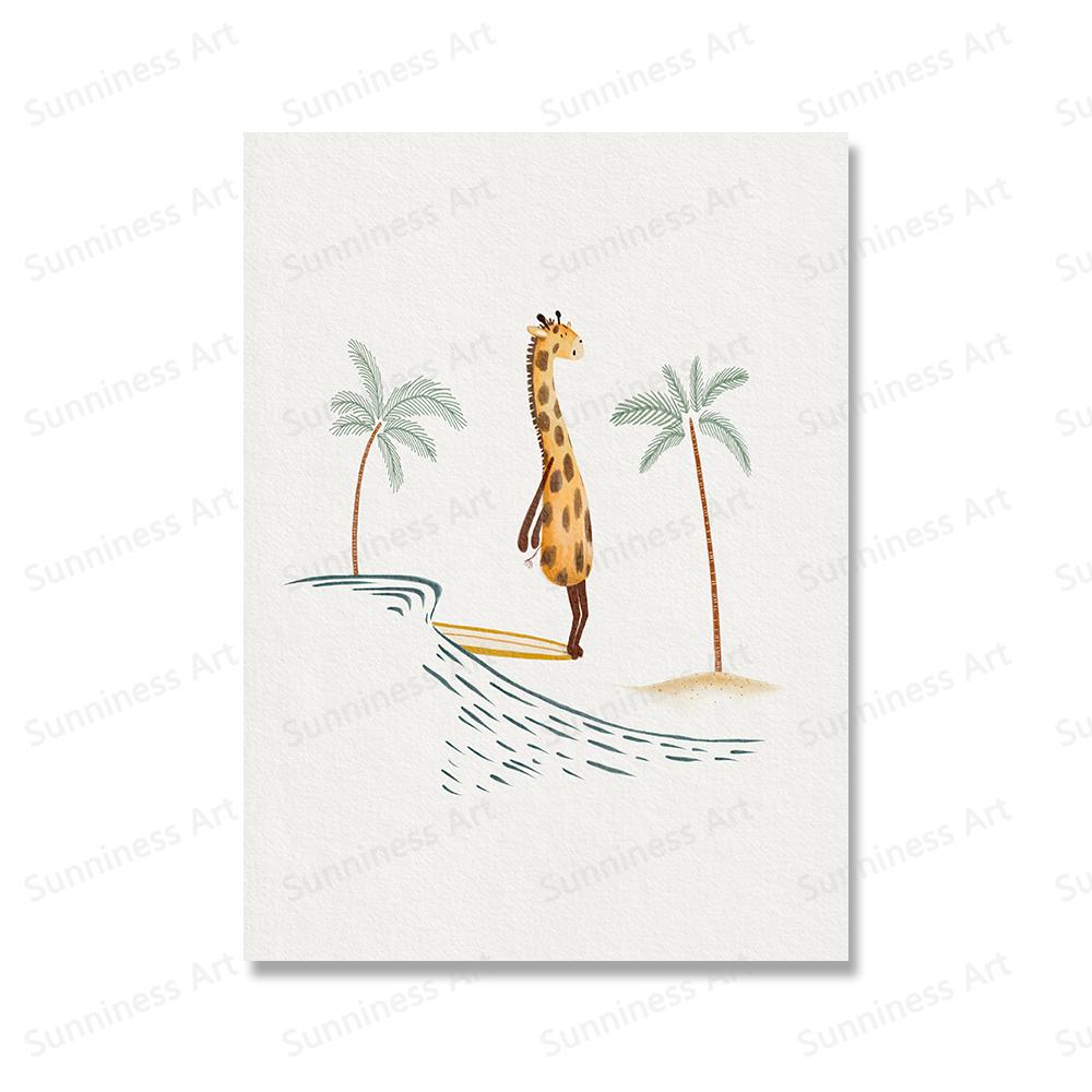 Three Surfing Animals Cute Tiger Zebra Giraffe Poster Canvas Painting Print Beach Life Wall Art Pictures for Nursery Home Decor