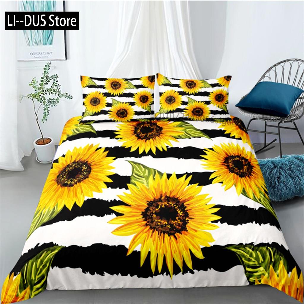 Duvet Cover Sunflower Yellow Flower Bedding Set Farmhouse Green Leaves Floral Quilt Cover For Women Girl Bedroom Decorations