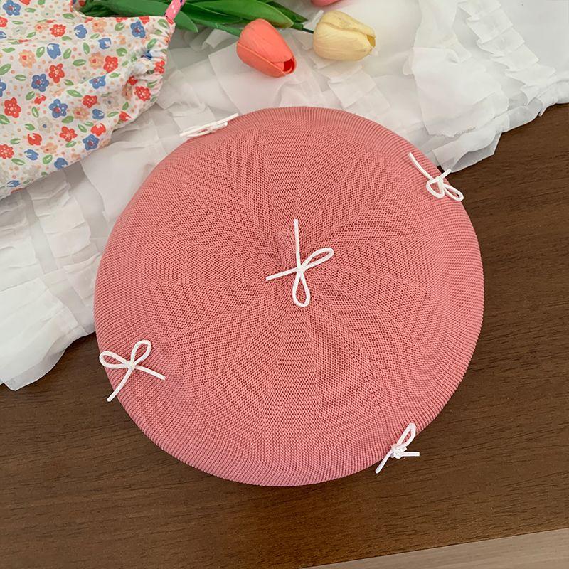 Damen Rote Süße Niedliche Schleife Baskenmütze Sommer Dünn Gestrickt Gehäkelt Gesichtsschlankmachender Künstlerhut