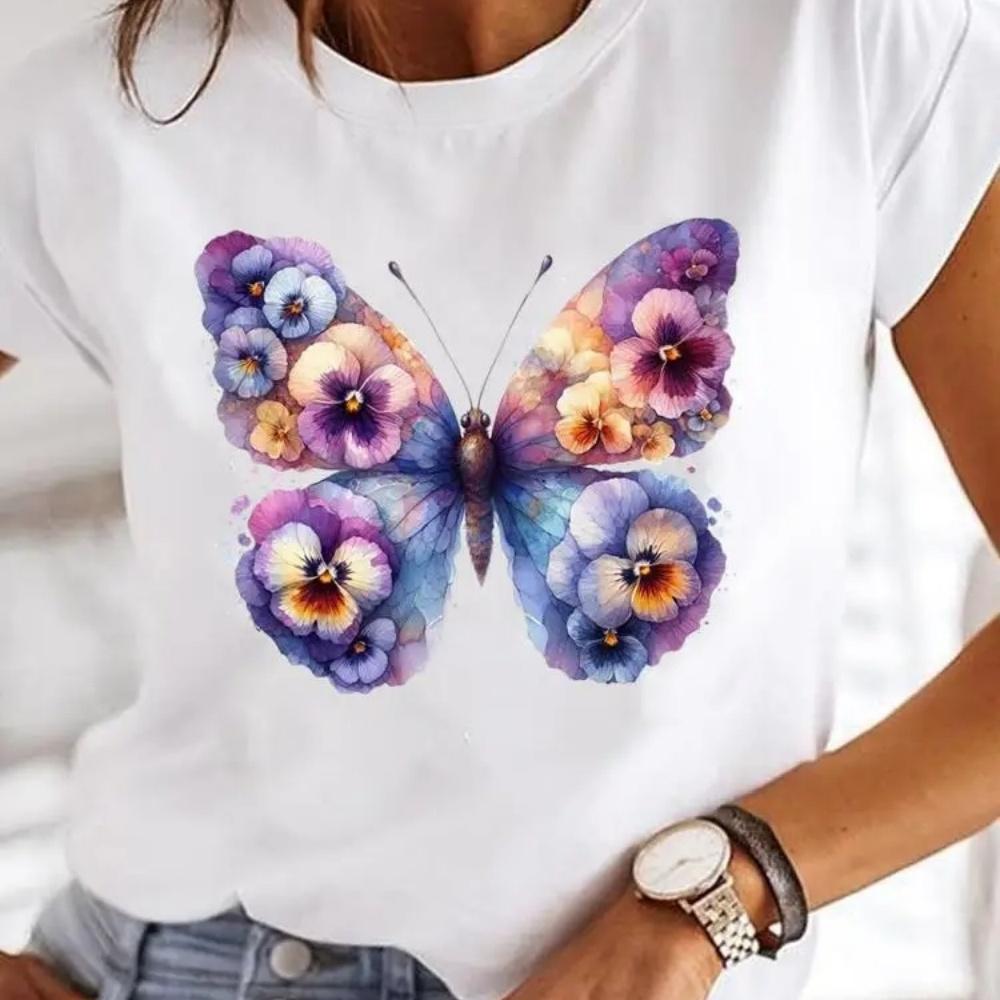 Butterfly Trend 90s Casual Top Clothes Female Short Sleeve Print Tshirts Fashion Oneck T Clothing for Women Graphic Tee