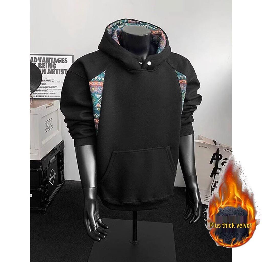 Men's Autumn Patchwork Hoodie: Chinese Ethnic Style, High Collar, Long Sleeve