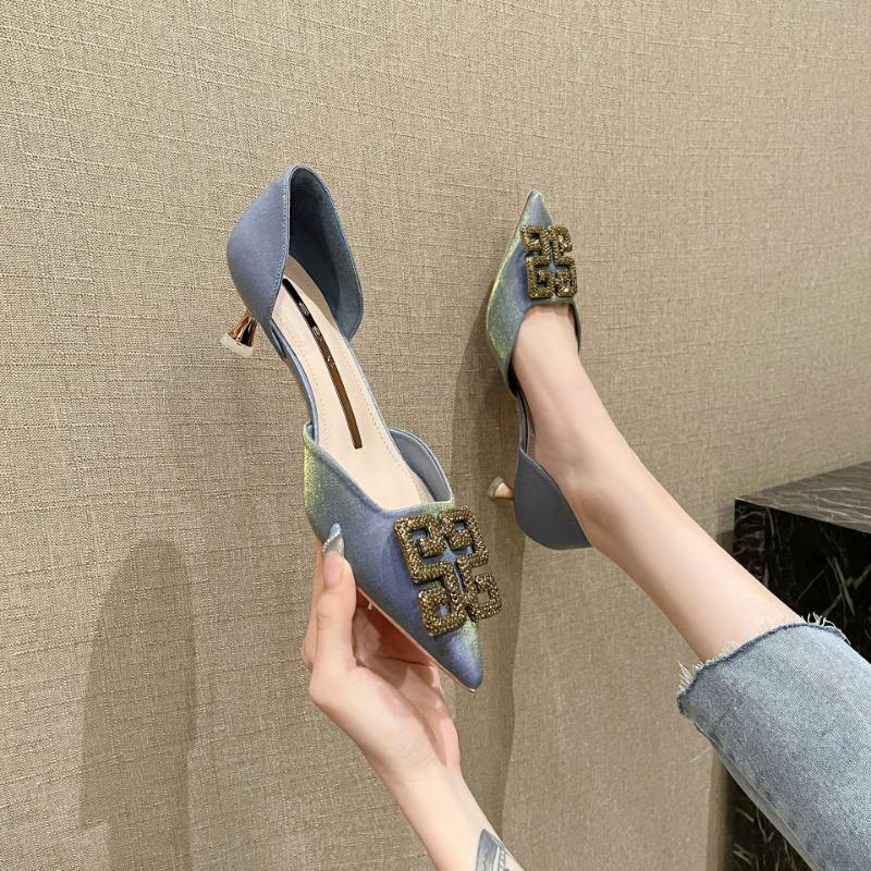 

185-A1 Spring New Hollow Single Shoes Professional Pointed Thin Heel Versatile Rhinestone Square Buckle 5cm Women 39 синий