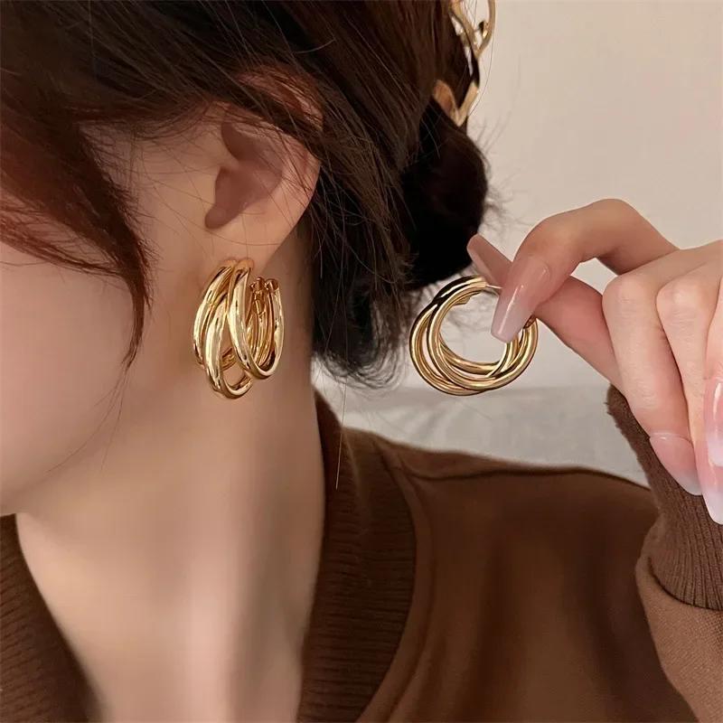 Fashion Stainless Steel Smooth Metal Chunky Hoop Earrings for Women Vintage Round Circle Drop Earrings Trendy Party Jewelry