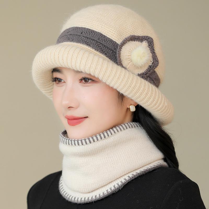 New Style Woolen Hat for Middle Aged and Elderly Women  Ear Protection  Warm Knitted Basin Hat  Stylish Rolled Brim Plus Velvet Granny Hat