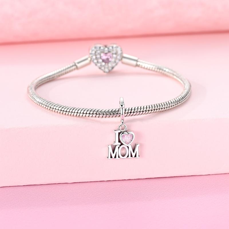 Original 925 Real Sterling Silver Charms Bead I Love Mom Pendant Fit Original Bracelet Necklace For Women DIY Jewelry Gift