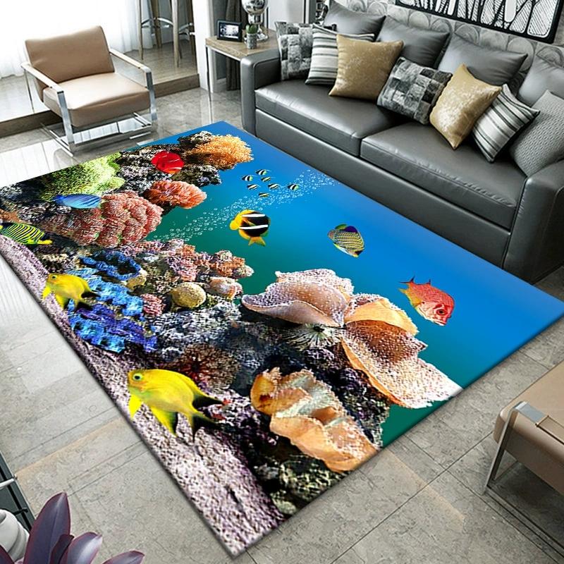 Living Room Large Carpet 3D Visual Printing Underwater World Coral Fish School Pattern Rug Bedroom Dining Room Non Slip Mat