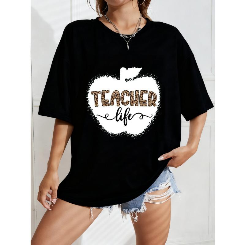 

Белая футболка оверсайз с леопардовым принтом и яблочным дизайном «Teacher Life» для повседневной носки и школьных мероприятий XXXXL чёрный