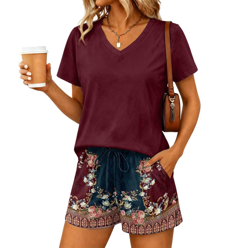 Women's Two Piece Set V Neck Short Sleeve Top and Floral Print Shorts Casual Lounge Wear Summer Outfit