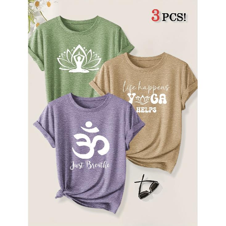 3er-Pack Yoga Meditation Figur Lotus Symbol Aufdruck Damen Kurzarm T-Shirts Sommer Herbst Sport Urlaub Freizeit Oberteile